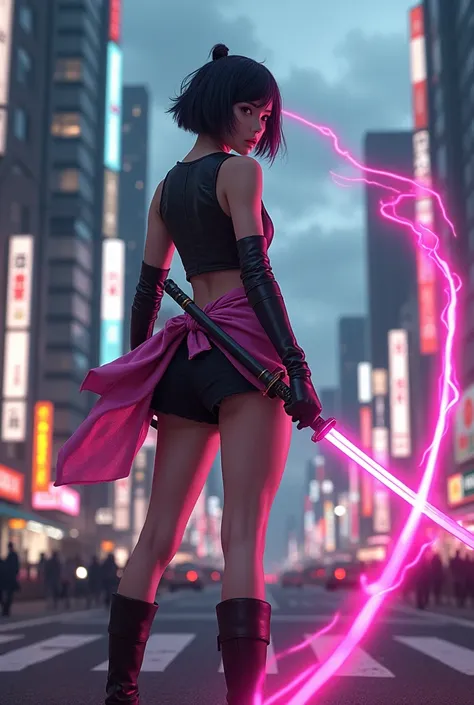 Best quality, masterpiece, ultra high res, (photorealistic:1.4), raw photo, Japanese girl, cinematic lightning, short black and pink hair, holding a katana with pink aura, elbow pads, black and pink leather shirt, sleeveless, black shorts underneath a shor...