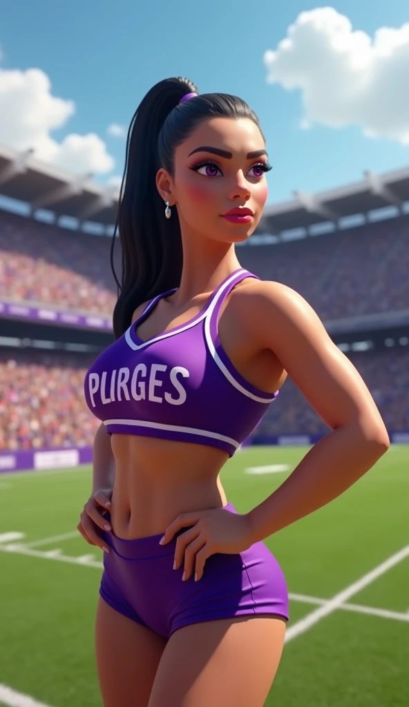 beautiful, plump, mexican woman, standing in a footbal stadium, purple, detailed eyes, beautiful detailed lips, extremely detailed eyes and face, longeyelashes, full body, 1woman, professional, neat long hair, tight ponytail, wearing purple cheerleader out...