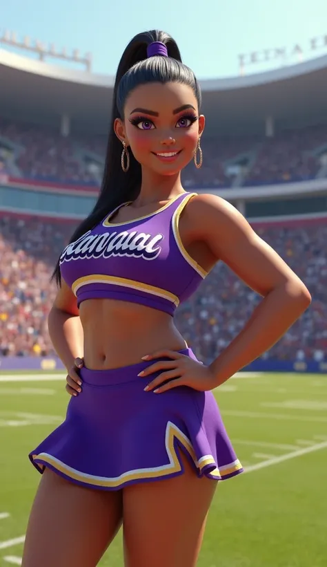 beautiful, plump, mexican woman, standing in a footbal stadium, purple, detailed eyes, beautiful detailed lips, extremely detailed eyes and face, longeyelashes, full body, 1woman, professional, neat long hair, tight ponytail, wearing purple cheerleader out...