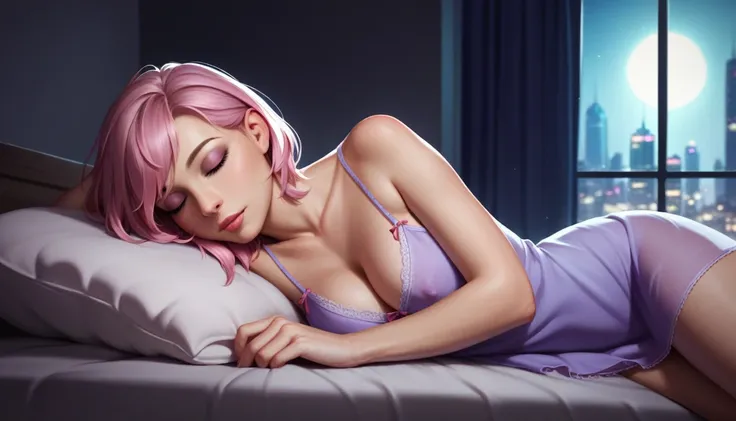 ((High quality, 8k, perfect quality, realistic)), beautiful, perfect face, gazing out the window, nighttime, ((dark room)), Before sleeping, restless, short nightgown, staring at the window, city night view, hair color light pink, night city