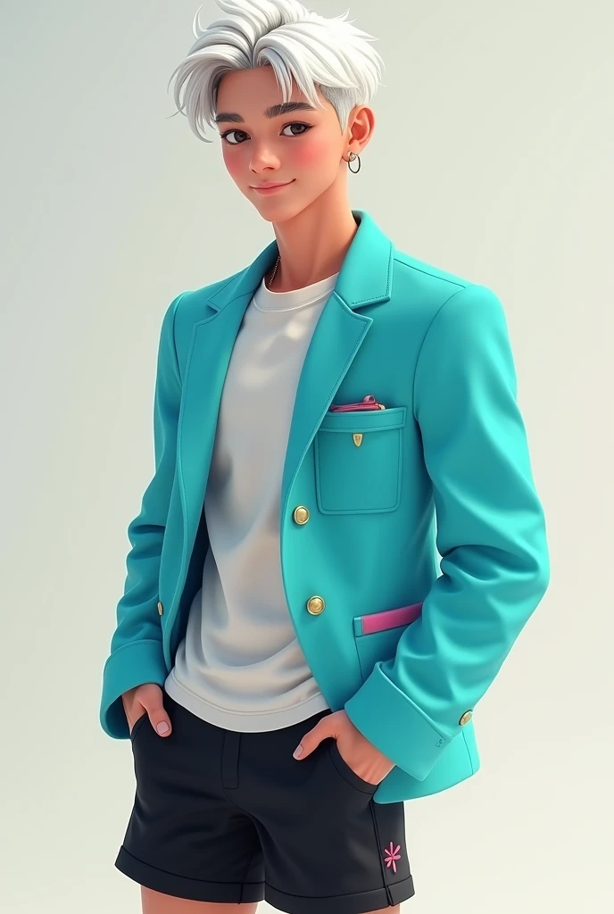 handsome guy with white short hair, black pupils, black eyes, white shirt, turquosie light blue jacket, black short, pink slippers, smiling face, white skin color