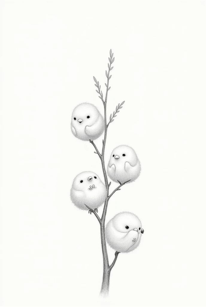 several different small fluffy birds are sitting on a branch, pencil drawing black and white