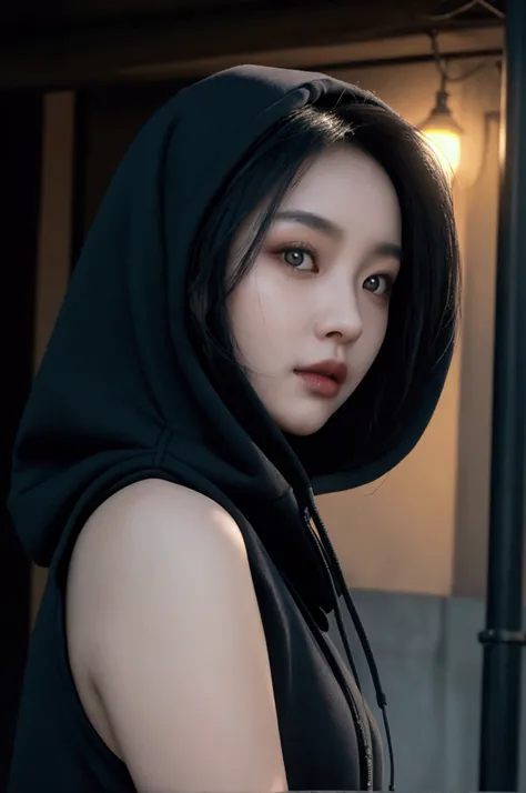 A 2 woman from Hong Kong with striking, beautiful eyes and sleek black hair, partially concealed under a black hoodie. She stands outside in the cold night, her face partially hidden by a black mask, adding to her mysterious allure. It’s dark, and the chil...