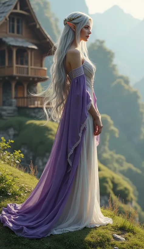 Full-body portrait. A beautiful silver-haired elven woman, wearing purple and white clothes, is looking at the scenery on the edge of a beautiful hill. The background is a simple house made full of shiny brown wood in an elven village. The background of th...