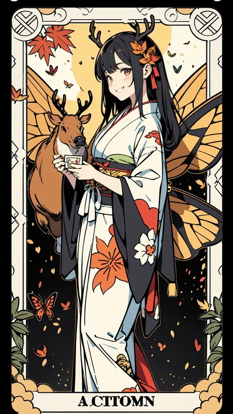 Tarot Cards、Masterpiece、Highest quality、Highest quality、Amazing details、Detailed Background、Hanafuda background、Line art、Written boundary depth、Flat Shading、Mucha style、Art Nouveau、(Image of autumn in Japan:1.3)、(Surrounded by butterflies, deer and boars:1...