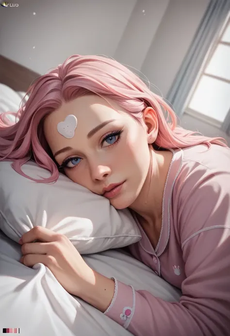 (masterpiece:1.4), (high-quality, high-definition, high-resolution), Realistic style, (primary warm vivid color palette),a beautiful woman with cold, cooling sheet on forehead, hair color light pink, wears warm pajamas, huddled under quilt in bed in privat...