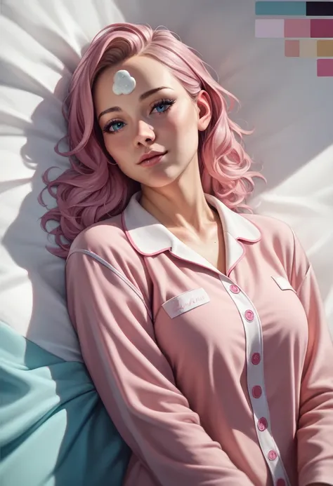 (masterpiece:1.4), (high-quality, high-definition, high-resolution), Realistic style, (primary warm vivid color palette),a beautiful woman with cold, cooling sheet on forehead, hair color light pink, wears warm pajamas, huddled under quilt in bed in privat...