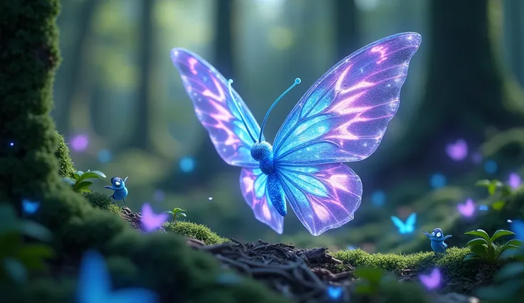 (Dancing in this mysterious forest is a butterfly made of magic crystals。Its delicate wings are as crystal clear as transparent crystals，Shimmering with a soft glow。Each wing is inlaid with brilliant and colorful crystals，From blue to purple，Exudes a capti...