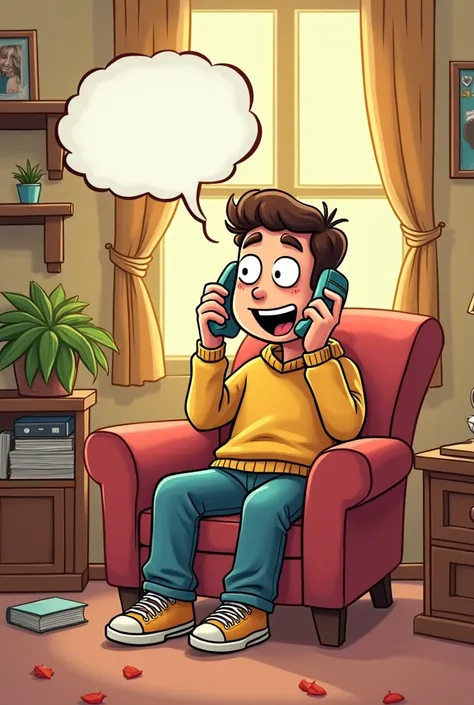 Cartoon of a 4 man talking to himself, by phone at home