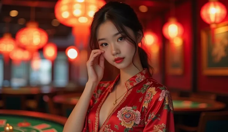 Cute chinese girl, wears chinese traditional shirt, ((big out from shirt)), ((i can see her pussy)), out, sex position, step sister, fatal position, realistic, i can see and pussy, casino background