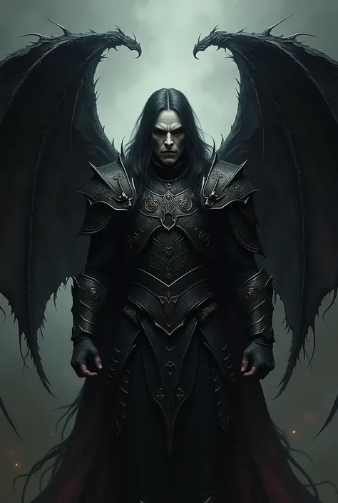 make a dark portrait of realistic vampire warrior with demon wings and dark stuff 