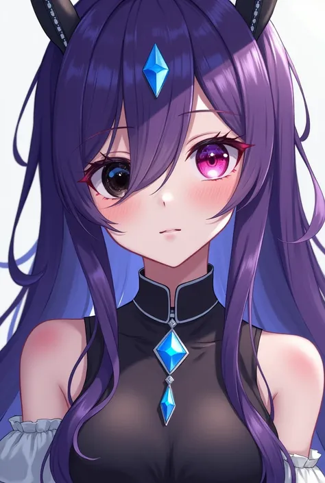 A beautiful girl with violet hair and magenta eyes and a black cornea on her left eye. Beautiful. Her breasts are big. Her clothes are black and her sleeves are white. She wears a bright blue gem necklace. Her hair covers her left eye. Has a bright blue ge...