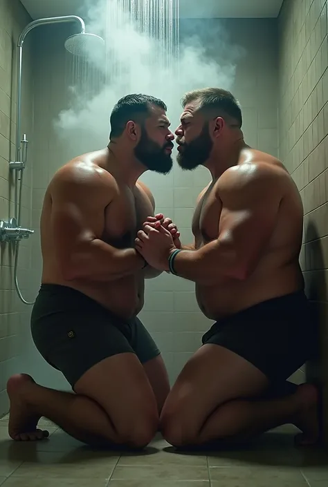 2 rugby players, homens gordos naked e parrudos, blowjob, naked, kneeling having oral sex, bathroom background with shower on, humid, vapour, water, immersive and sensual lighting
