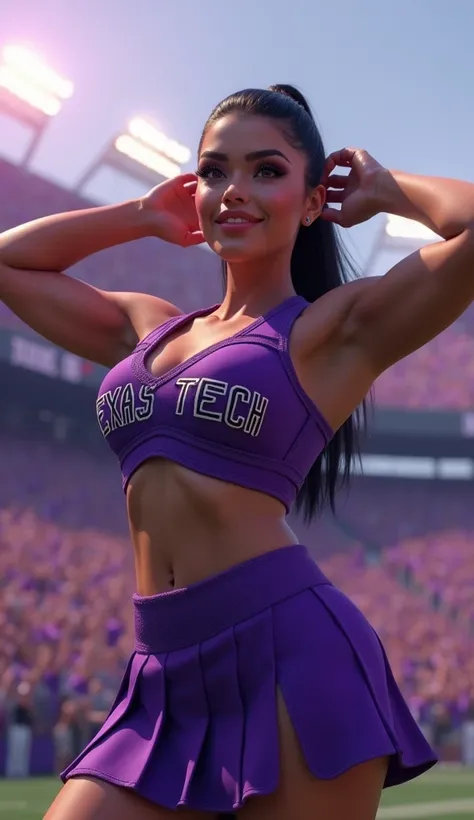 beautiful, plump, mexican woman, standing in a purple colored footbal stadium, purple, detailed eyes, beautiful detailed lips, extremely detailed eyes and face, longeyelashes, full body, 1woman, professional, neat long hair, tight ponytail, wearing purple ...