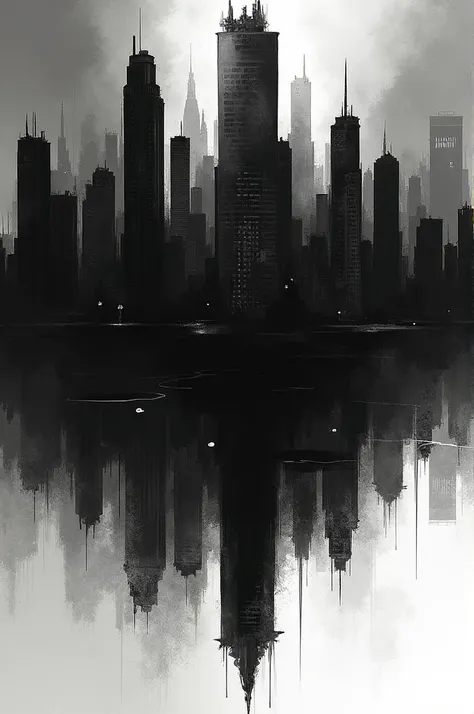 Create a dark city with black ink and slashes, with a reflection upside down that is the same city but destroyed