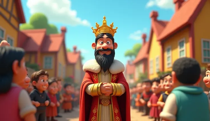 A king is standing among the people in the village 3D cartoon