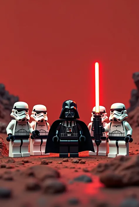 Photorealism 1.4 realistic realism high detailed definition  Lego minifig  4 stormtrooper with weapon background at mars with Darth Vader holding  light saber   at centre photo group one of stormtrooper no head