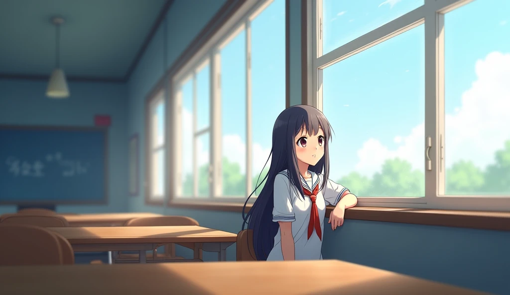 Girl in high school classroom，Last row by the window，Looking out the window，Wearing uniform，Smiling happy expression，Shinkai Makoto style，Anime Style、Long Hair、after school