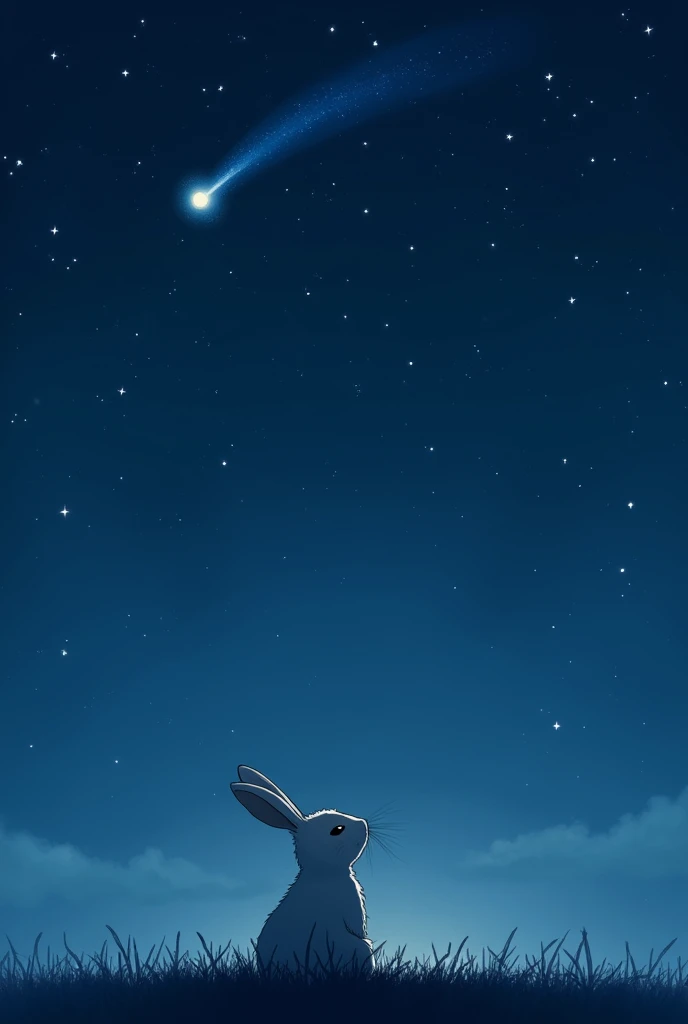 : A deep blue sky was studded with stars. Luna, a miserly rabbit, looks up and prays on a shooting star.]