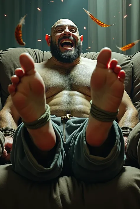 A handsome，Orc with abs tied to the sofa，Shoes taken off，Revealing two big bare feet，Both feet are locked in the foot，Feet raised，Soles facing forward，Five toes tied with rope in foot，His hands were tied tightly to one end of the sofa.，His upper body was s...