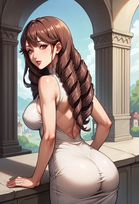 score_9, score_8_up, score_7_up, BREAK, score_9, KurayoshiRino, long hair, drill hair, brown hair, lipstick, white dress, sleeveless dress, tight dress, looking at viewer, cowboy shot, ass, from behind, mansion, hall