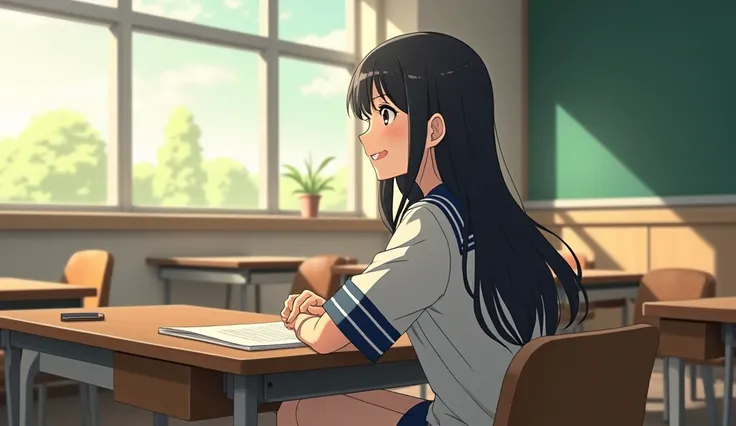 Girl in high school classroom，Last row by the window，Looking out the window，Wearing uniform，Smiling happy expression，Shinkai Makoto style，Anime Style、Long Hair