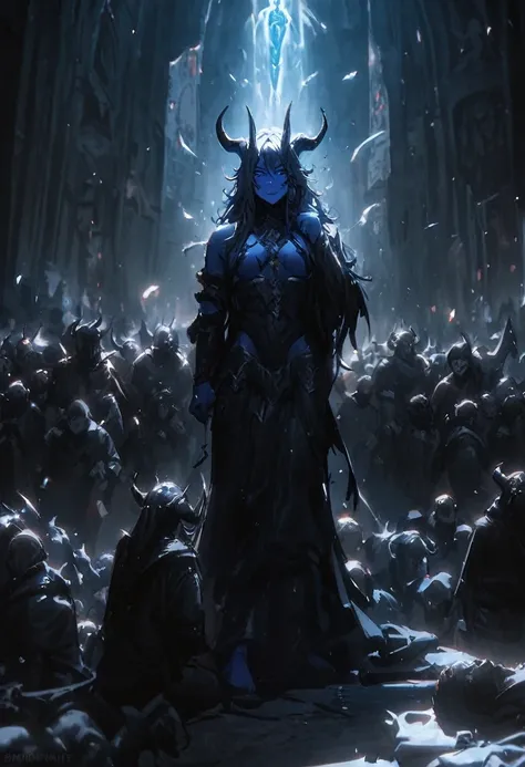 Demons with horns and blue skin, crowd receiving a divine call, Mediovale, grimdark