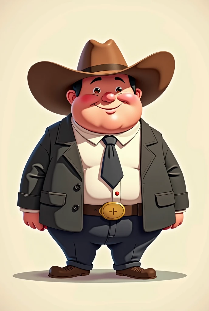 Small and chubby man with cowboy hat, fancy suit, rosy skin (anime)