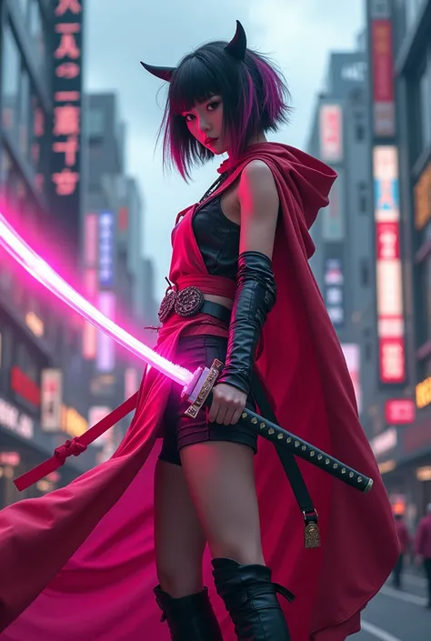 Best quality, masterpiece, ultra high res, (photorealistic:1.4), raw photo, Japanese woman, 26 y.o, cinematic lightning, short black and pink hair, holding a katana with pink aura, oni mask, red cloak, elbow pads, black and pink leather shirt, sleeveless, ...