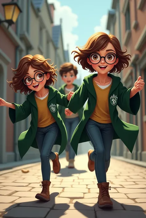 The older brother chased after the two young women. They had short brown hair.,cheerful,Wear glasses,curly hair,Wearing Slytherin robes