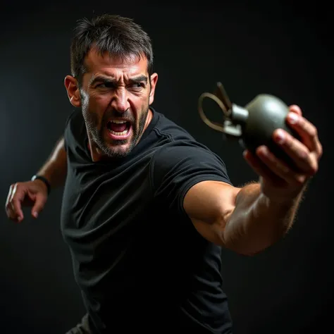 A man wearing a black shirt, fiercely throwing a grenade with intense determination, dynamic action pose, dramatic lighting, high detail, shot with a Canon 5D Mark IV 50mm f/1.8 