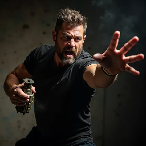 A man wearing a black shirt, fiercely throwing a grenade with intense determination, dynamic action pose, dramatic lighting, high detail, shot with a Canon 5D Mark IV 50mm f/1.8 