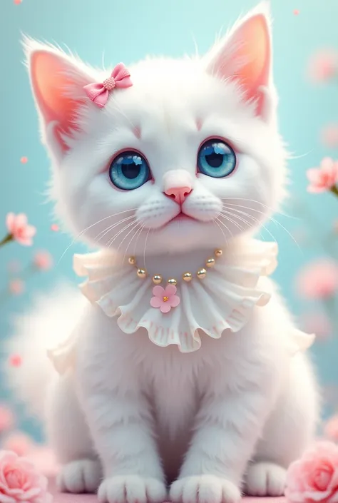 A cat in colour white they are Blue Eyes and they are so cute wearing cute frock and hair clips
