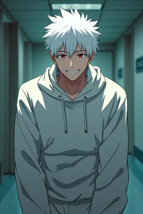 Man with white hair and red eyes, happy, with a smile, with a long-sleeved straitjacket, inside a room in a psychiatric hospital. anime.