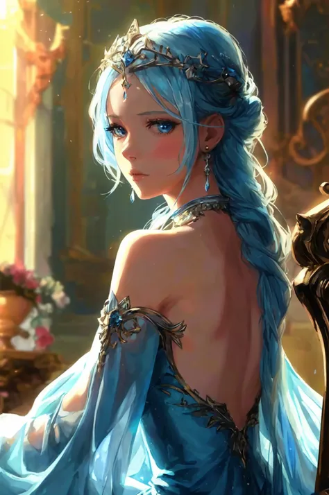 An beautiful, gorgeous, cute anime  ice queen, pale skin tone, wearing a blue dress that covers her entire back but only covers till knees from the front, stiing on her throne, light blue hair, long hair till her hips, small breast, perfect figure, pretty,...