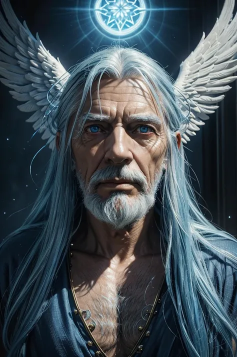 a wise old man, angelic man, male angel, realistic 3D, long blue hair, bright yellow eyes, highly detailed, intricate details, cinematic lighting, dramatic shadows, glowing aura, ethereal, mystical, divine, spiritual, photorealistic, 8k, hyperdetailed, hyp...