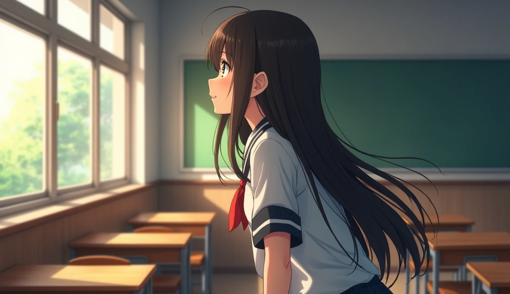 Girl in high school classroom，Last row by the window，Looking out the window，Wearing uniform，Smiling happy expression，Shinkai Makoto style，Anime Style、Long Hair、A high school girl looking at the camera from afar