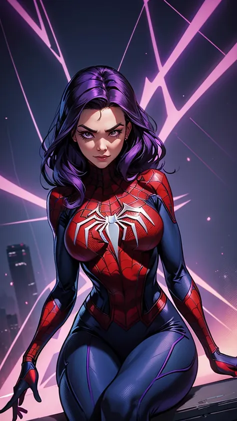 create spider-woman in new york, she wears a purple uniform identical to spider-man&#39;s and has dark purple hair., her face co...