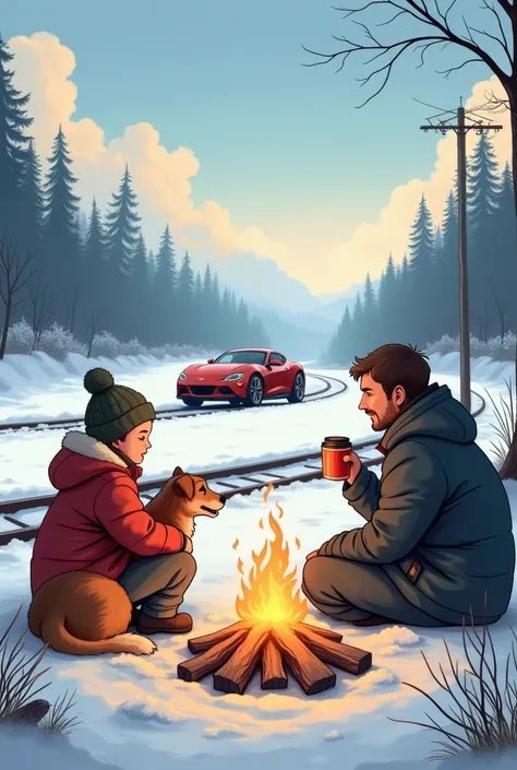 A young boy
 and dog   in a snow  and enjoying the suns and fire camp in wood stick and man is drinking coffe in a cup sittinng on a railway track  on track
Let with pleasent nature and clan sky and near by there is sports car