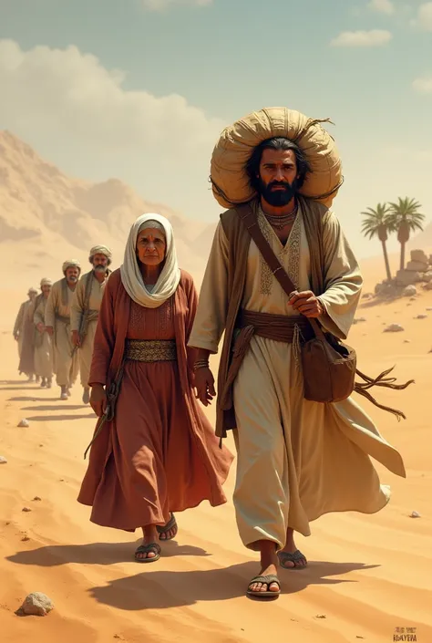 An old woman walks on the Arabian desert. Beside the old man walks a bearded handsome young man, with a heavy bag on his head. 
Behind them many people are walking in line. 
All of them are wearing Arabic clothes. 
Far behind them are many palm trees and r...