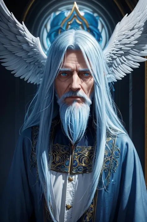 a wise old man, angelic man, male angel, realistic 3D, long blue hair, bright yellow eyes, highly detailed, intricate details, cinematic lighting, dramatic shadows, glowing aura, ethereal, mystical, divine, spiritual, photorealistic, 8k, hyperdetailed, hyp...