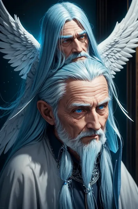 a wise old man, angelic man, male angel, realistic 3D, long blue hair, bright yellow eyes, highly detailed, intricate details, cinematic lighting, dramatic shadows, glowing aura, ethereal, mystical, divine, spiritual, photorealistic, 8k, hyperdetailed, hyp...