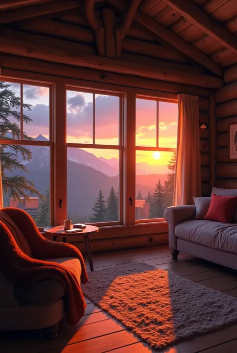 Cabin interior scene with windows to the sunset