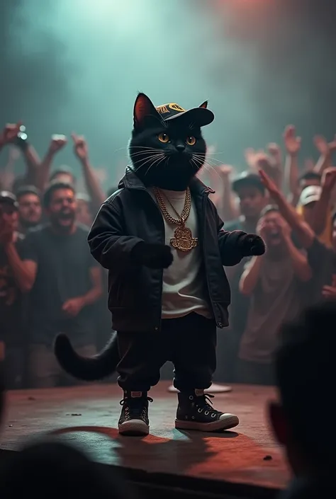 Black cool cat is a hip hop rapper in rap battle between crowd