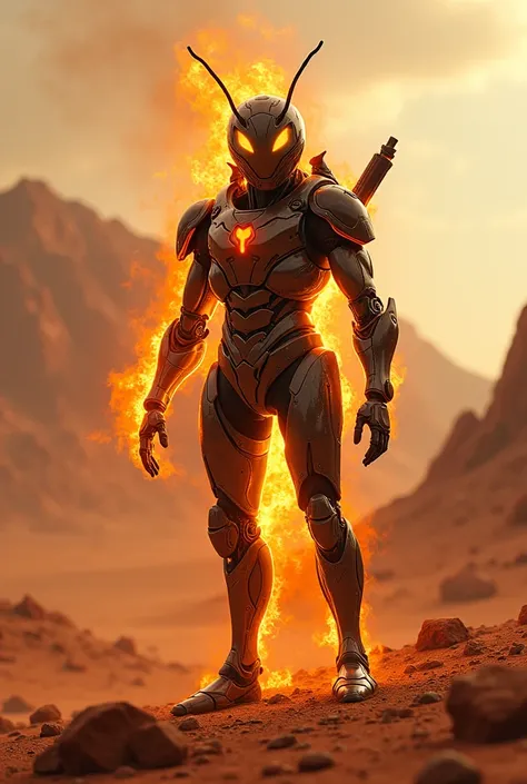 A fire human bug with a cyborg glossy costume standing on mars 