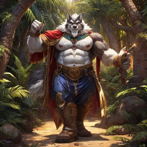 ((أفضل جودة)), ((تحفة)), (مفصلة للغاية), ((4K)).

Wolf,dilf, muscular, very fat,old , leader clothes, father,old clan, black and white fur, red eyes ,confident, dominating, showing off, looking at viewer, grinning, jungle , massive erection, hard cock,make...