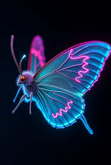  A mesmerizing neon moth with intricately detailed wings, glowing vibrantly in the darkness. The moths wings are adorned with luminous patterns in shades of electric blue, vivid pink, and neon green, creating a stunning contrast against the black backgroun...