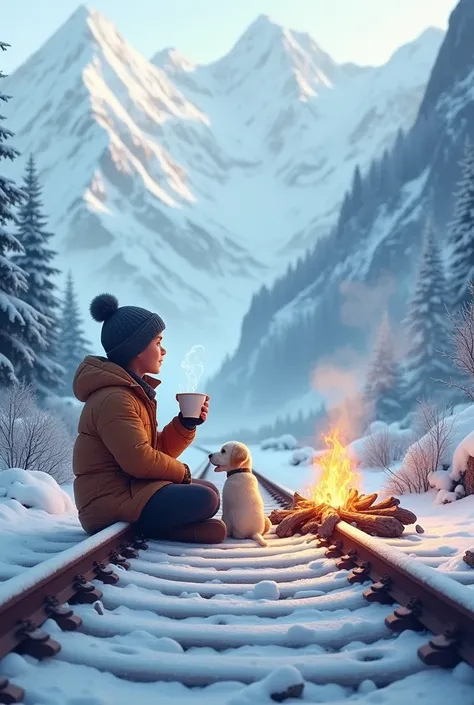 A boy sitting on a railwy track in snow in mountains and with company with small puppy and a sports car in the railwy  track and boy drinking coffe in wood fire camp and drinking coffee 