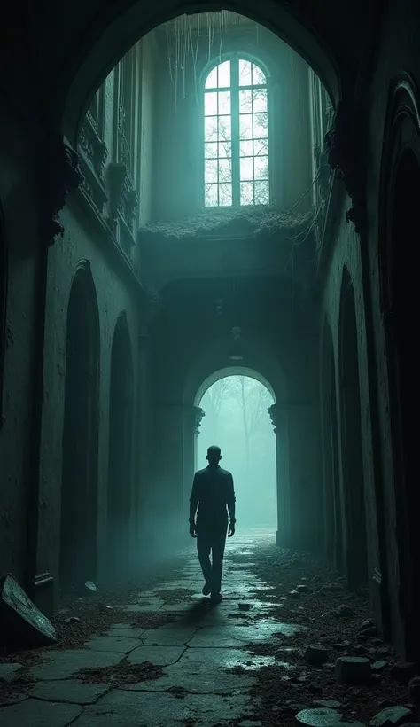 Man walking in dark abandoned mansion 