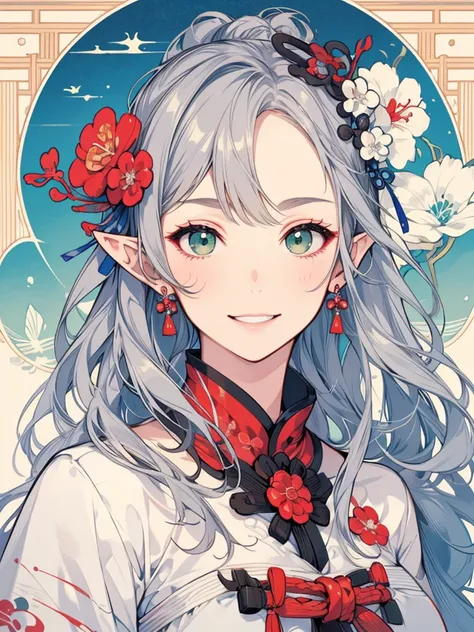 masterpiece, Highest quality, One girl, Super detailed, Ultra-high resolution, Distinct facial features, Anatomically correct, pretty girl, Long pointy ears, Fairy, Nice face,Gray Hair, Green Eyes,China dress, smile, ukiyo-e,